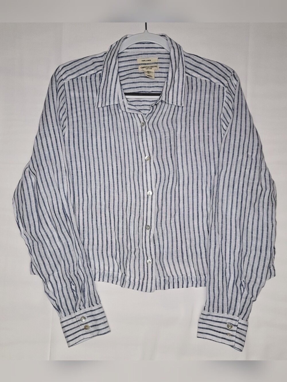 Christian Siriano White and Gray Striped Button-Down 100% Linen Shirt - Picture 2 of 12